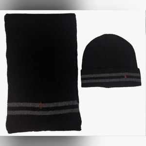 Polo Ralph Lauren Men's 2 Piece Set Hat & Scarf Navy Lambswool Blend.